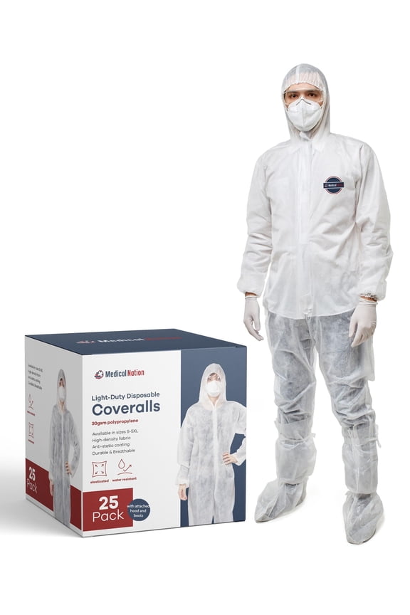 Hazmat Suits Disposable | 25 Pack | Light Duty Disposable Coveralls Men | with Attached Hood and Boots - Overall Protective Chemical Suit for Men & Women, Disposable Paint Suit - Large