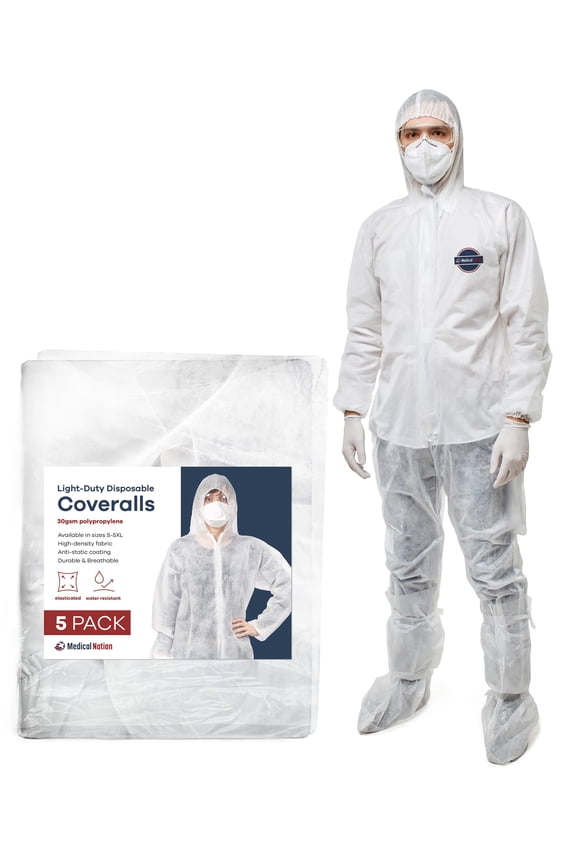 Hazmat Suits Disposable | 5 Pack | Light Duty Disposable Coveralls Men | with Attached Hood and Boots - Overall Protective Chemical Suit for Men & Women, Disposable Paint Suit - Medium