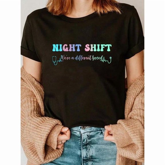 Medical - Nightshift Graphic Tee, Tops Has Bold “Colorful - Text & Stethoscope” Design, Round Neck Regular Fit T-shirts, Size(S-5XL)
