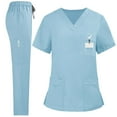 thumbnail image 1 of Medical Nurse Uniform for Women 2 Piece Solid Scrubs Set Lightweight Comfy Short Sleeve V-Neck Tunics with Elastic Drawstring Waist Pants, 1 of 7