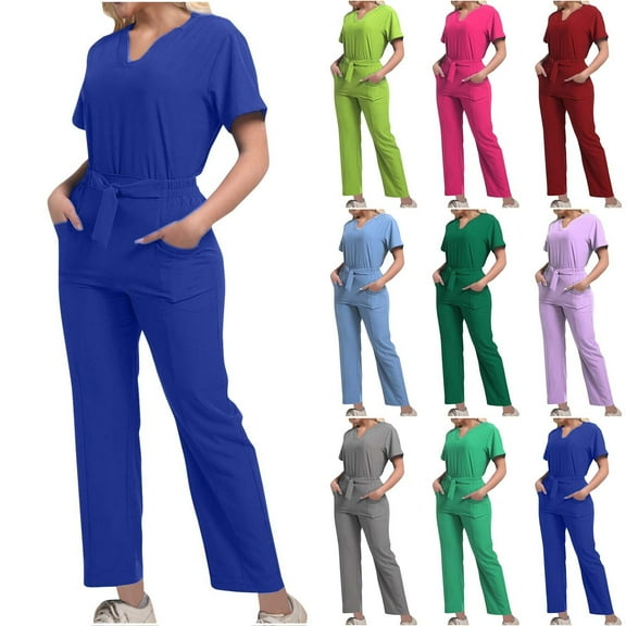 Medical Nurse Uniform for Women Solid Loose Drawstring Pants Pocket Caregiver Short Sleeve V-Neck Blouses Set