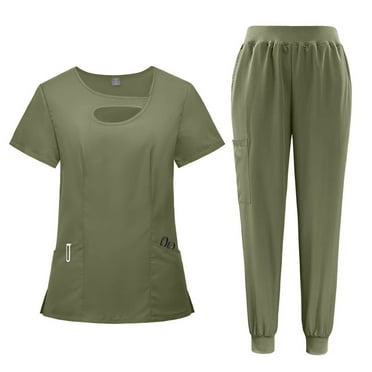 Medical Nurse Uniform for Women Stretchy Scrub Set Short Sleeve Top and Jogger Pants with Pockets