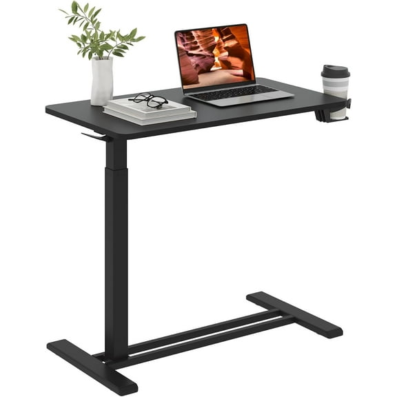Medical Overbed Adjustable Bedside Table with Hidden Casters, Mobile Pneumatic Rolling Laptop Standing Desk with Tray for Home & Hospital Use, Black Tabletop + Black Edging