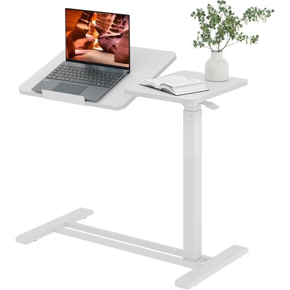 Medical Overbed Adjustable Bedside Table with Hidden Casters, Pneumatic Mobile Rolling Laptop Standing Desk with Tray for Home and Hospital Use, Mahogany