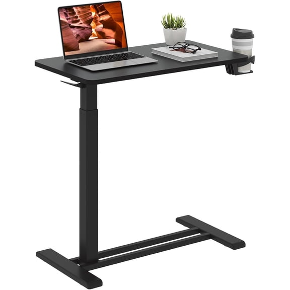 Medical Overbed Adjustable Bedside Table with Hidden Casters, Pneumatic Mobile Rolling Laptop Standing Desk with Tray for Home and Hospital Use, White