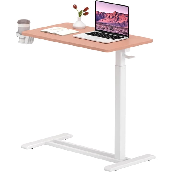Medical Overbed Adjustable Bedside Table with Hidden Casters, Pneumatic hukfga Rolling Laptop Standing Desk with Tray for Home and Hospital Use, Pink