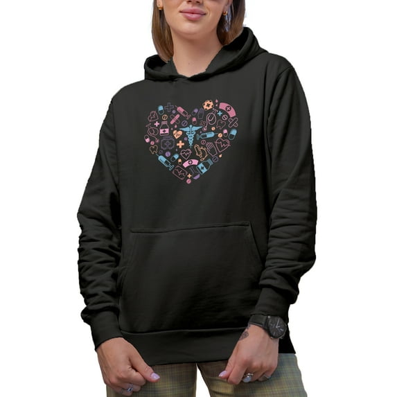 Medical Profession Stuff Forming a Heart Art, Doctor or Nurse Merch Gift, Black Hooded Sweatshirt or Hoodie, 2XL