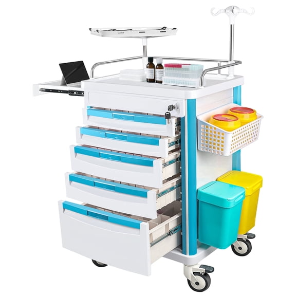 STICCIO 5-Drawer Lockable Medical Rolling Cart with IV Pole, Defibrillator Shelf, CPR Board and Pull-Out Worktop, ABS for Hospital Clinic