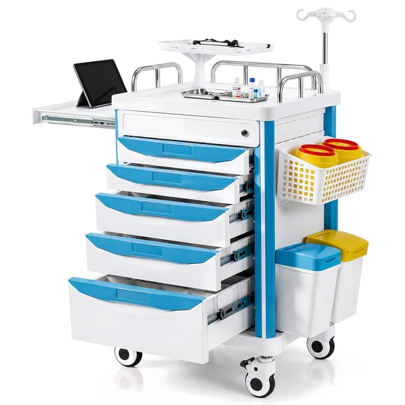 STICCIO 5-Drawer Lockable Medical Rolling Cart with IV Pole, Defibrillator Shelf, CPR Board and Pull-Out Worktop, ABS for Hospital Clinic