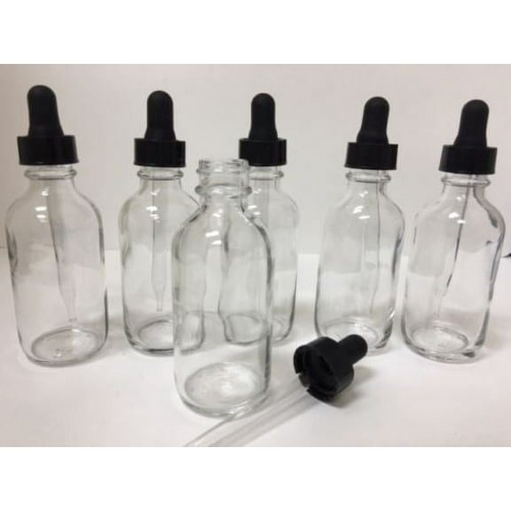 6 Pack - 2oz CLEAR Boston Glass Bottles with Glass Eye Dropper 60 ML