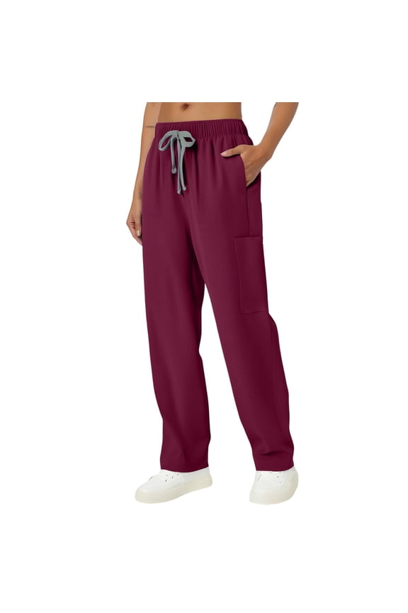 Medical Scrub Pants for Women Jogger Pants with Pockets Soft Womens Scrubs Pant Drawstring Mid Rise Cargo Pants Wine XL