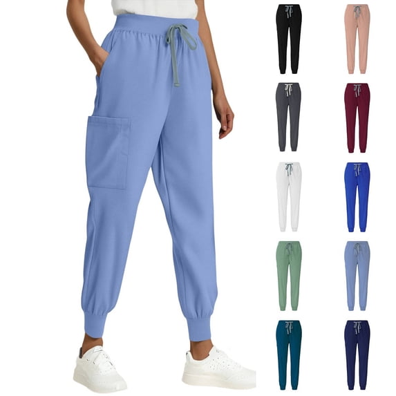 Medical Scrub Pants for Women Quick Dry Jogger Scrub Pants with Pockets Drawstring Cargo Pants Mid-Rise Womens Scrubs Pant Blue M