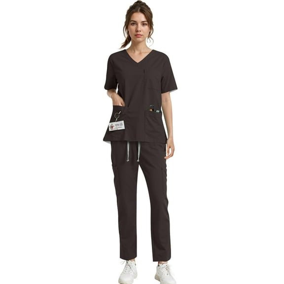 Medical Scrub Set for Women, Modern V Neck Scrub Top & Jogger Pant with 8 Pockets Professionals Soft Stretch Athletic Nursing Uniform Workwear (Brown)