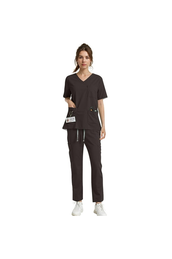 Medical Scrub Set for Women, Modern V Neck Scrub Top & Jogger Pant with 8 Pockets Professionals Soft Stretch Athletic Nursing Uniform Workwear (Brown)