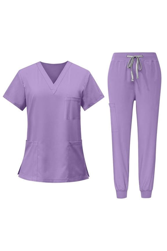Scrub Suit Set for Women, Modern V Neck Scrub Top & Jogger Pant with 8 Pockets Professionals Soft Stretch Athletic Nursing Uniform Workwear (Light purple)