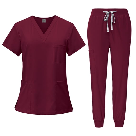 Medical Scrub Set for Women, Modern V-Neck Scrub Top & Jogger Scrub Pants with Multi Pockets Professionals Soft Stretch Athletic Nursing Uniform Workwear (Wine)