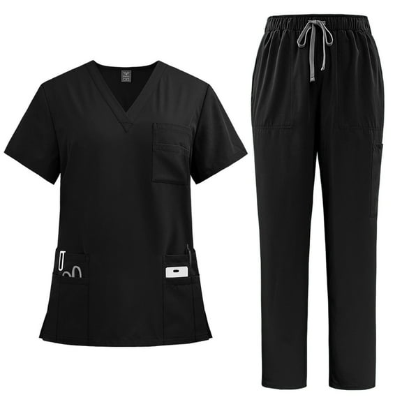 Medical Scrub Set for Women, Modern V-Neck Scrub Top & Jogger Scrub Pants with Multi Pockets Professionals Soft Stretch Medical Nursing Uniforms Set (Black)