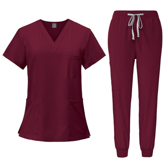 Scrub Suit Set for Women, Modern V Neck Scrub Top & Jogger Pant with 8 Pockets Professionals Soft Stretch Medical Nursing Uniforms Set wine Small