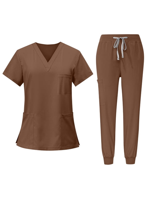 Medical Scrub Set for Women, Modern V Neck Scrub Top & Jogger Pant with 8 Pockets Professionals Soft Stretch Medical Nursing Uniforms Set (Brown)