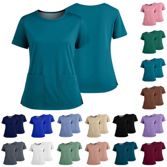 Medical Scrub Top for Women, Short Sleeve Crew Neck Work Shirt with 2 Front Pockets & Side Slit Hem - Stretchy Breathable Uniform Tunic for Nurses & Caregivers Wine XXXXL
