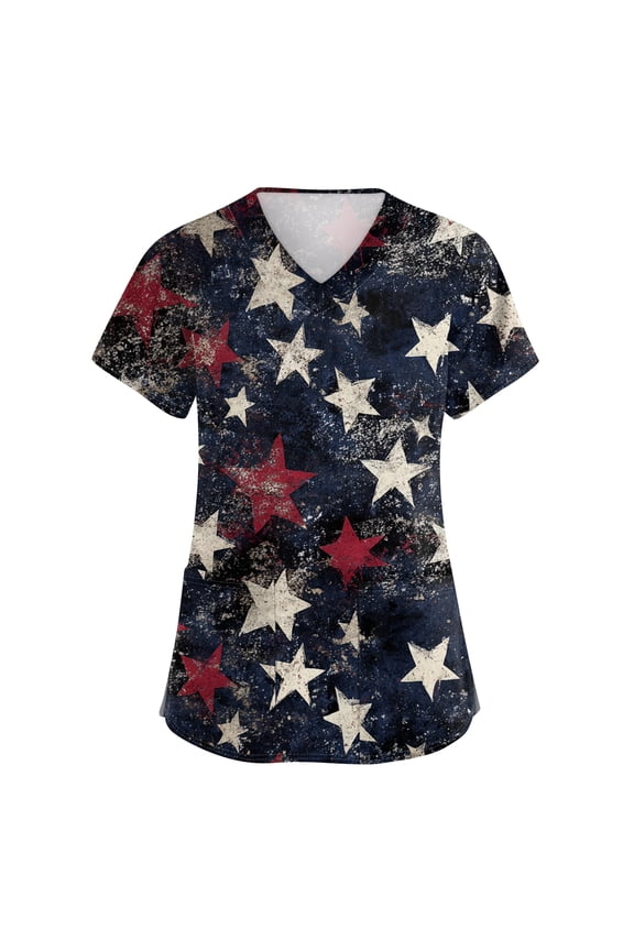 Medical Scrub Tops for Women 250 Anniversary USA 4th of July V-Neck Scrubs Shirts Short Sleeve Patriotic Nurse Uniform with Pockets 02-Dark Blue S