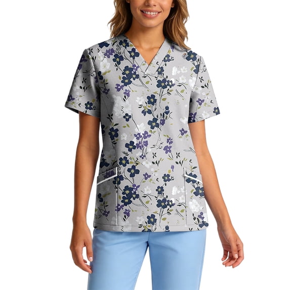 Medical Scrub Tops for Women - Soft Stretch V-Neck Floral Printed Top Scrubs with Pockets