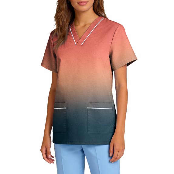 Medical Scrub Tops for Women - Soft Stretch V-Neck Gradient Color Top Scrubs with Pockets