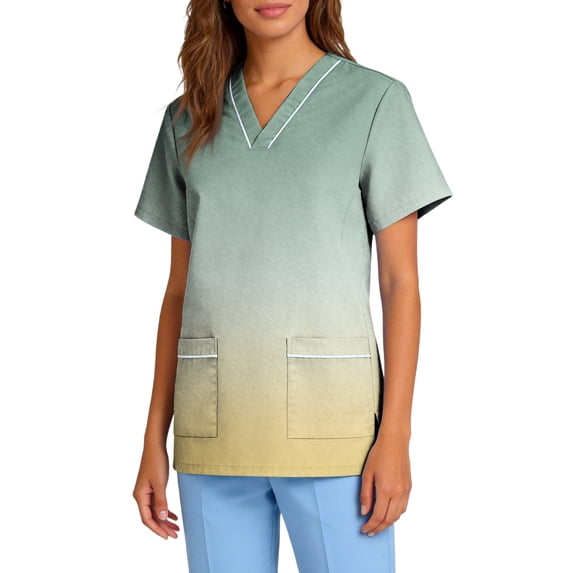 Medical Scrub Tops for Women - Soft Stretch V-Neck Gradient Color Top Scrubs with Pockets