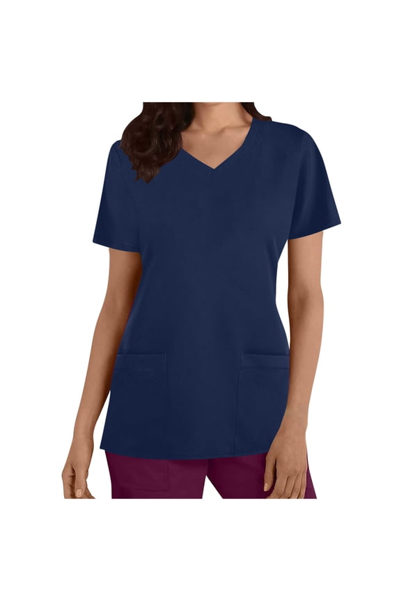 Medical Scrub Tops for Women V-Neck Modern Fit Short Sleeve Soft Stretch Top with 2 Patch Pockets
