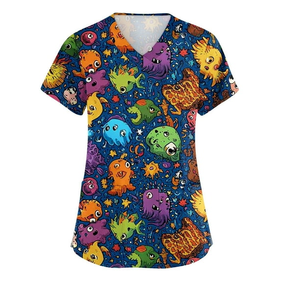 Medical Scrubs, Cute Animal Printed Casual Short Sleeve V Neck Carer Working Uniform Nurse Shirts With Pockets Scrubs For Women Tops Square Long Crop Top Workout Tops Tank (4XL, Royal Blue) ZMTing