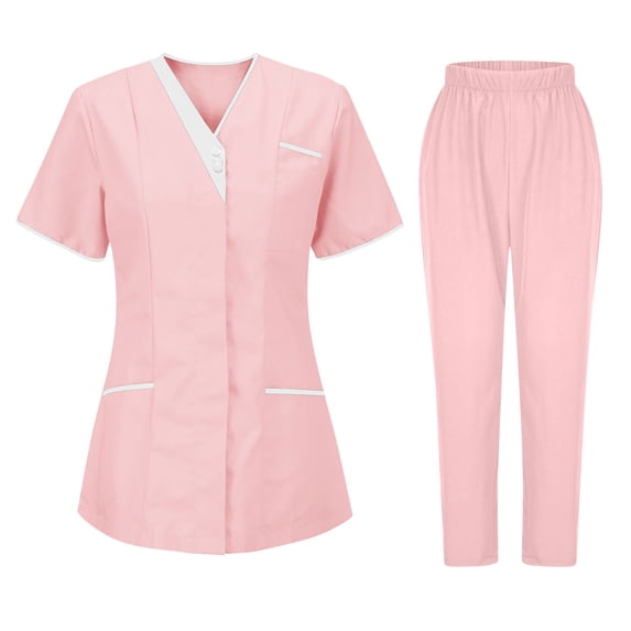 Medical Scrubs For Women Set Quick Drying Curved Scrub Stretch V-Neck Workwear Matching Elastic Waist Pants Pink