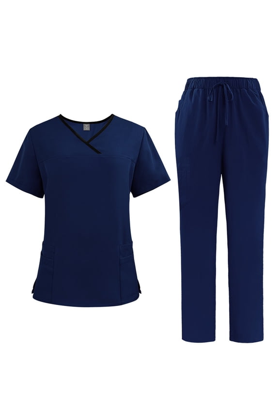 Medical Scrubs For Women Stretch Solid Color Scrub Set - Wrinkle-Resistant Fabric, Utility Pockets, Nurse & Caregiver Approved Dark Blue M