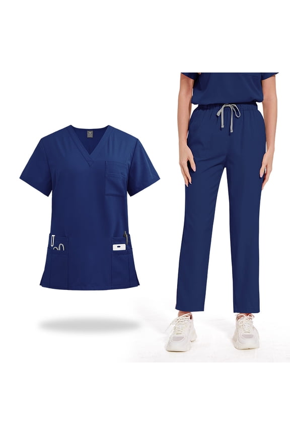 Medical Scrubs Set Unisex Short Sleeve Doctor Nurse Surgical Work Uniform Shirt and Pants