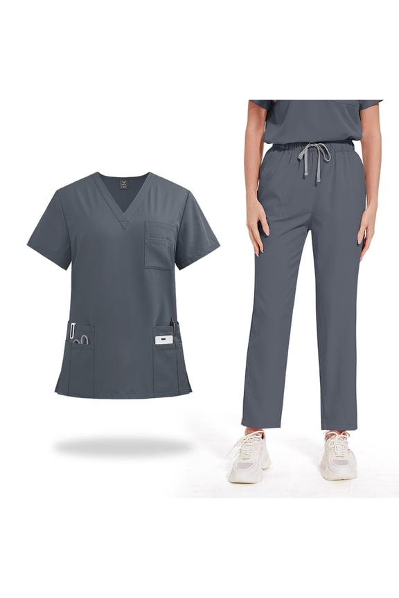 Medical Scrubs Set Unisex Short Sleeve Doctor Nurse Surgical Work Uniform Shirt and Pants