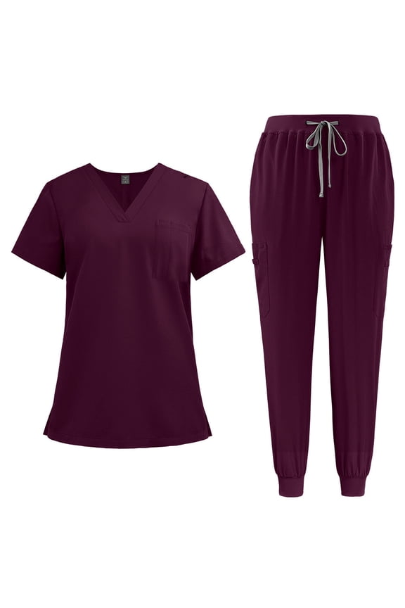 Medical Scrubs Set Unisex Surgical Uniform Dark Wine Red with Pockets for Dental Clinic and Healthcare Workers