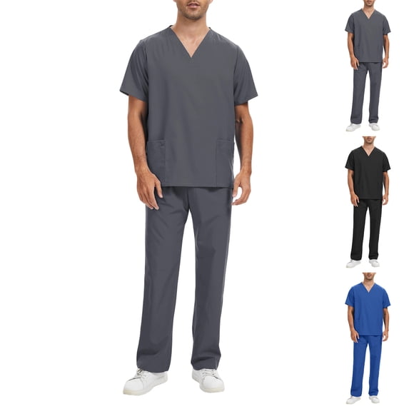 Medical Scrubs Set for Men V Neck Short Sleeve Medical Scrub Tops & Jogger Wide Leg Pants Breathable Wrinkle-Resist 2 Pieces Outfit, M