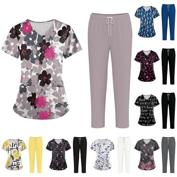 Medical Scrubs Set for Women Cute Print Scrub Top and Cargo Pants with Stretch Nursing Quick Dry Uniform Suits Black L