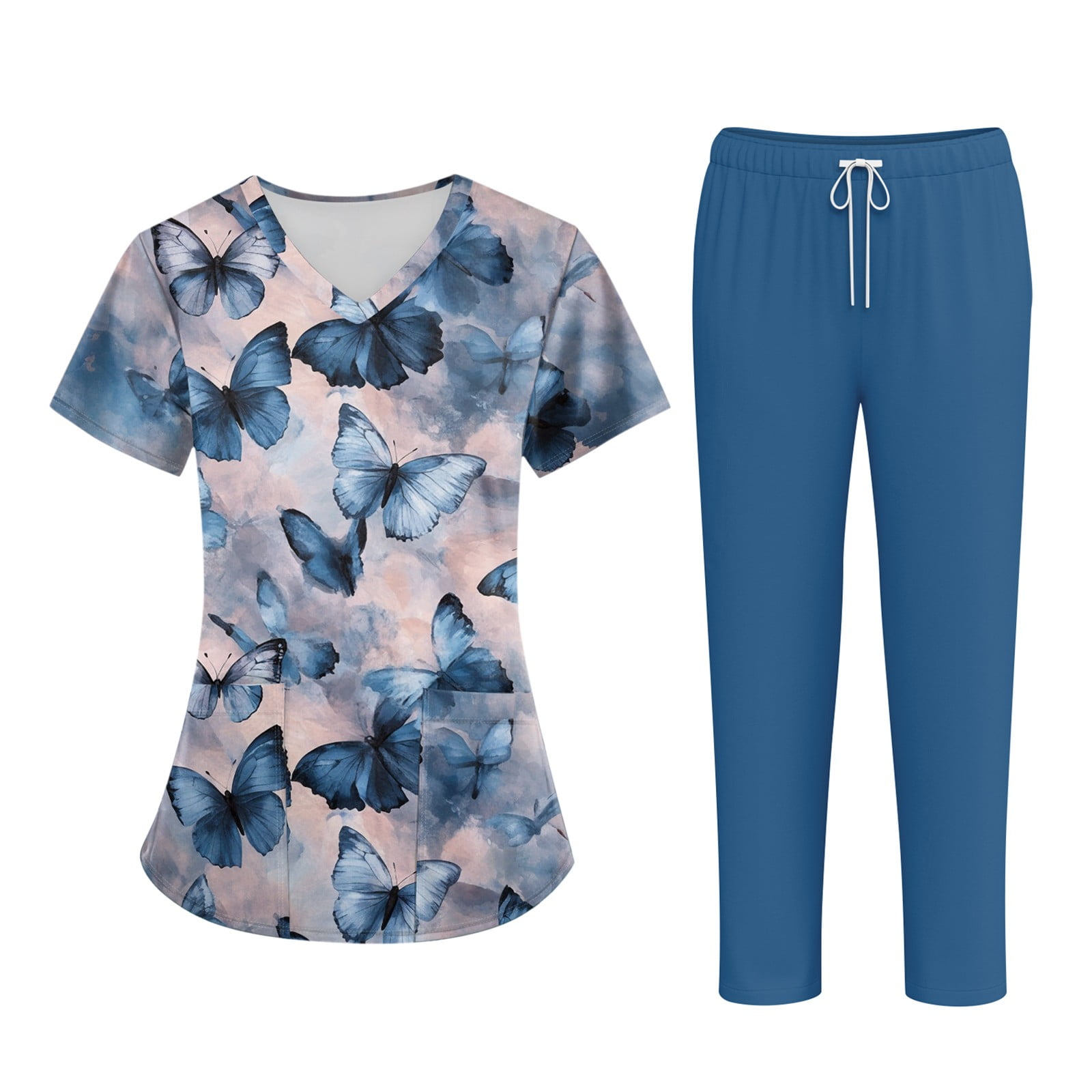 Medical Scrubs Set for Women Cute Print Scrub Top and Cargo Pants with Stretch Nursing Quick Dry Uniform Suits