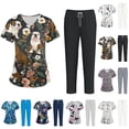 thumbnail image 1 of Medical Scrubs Set for Women V Neck Short Sleeve Floral Medical Scrub Tops & Jogger Wide Leg Solid Pants, L, 1 of 7