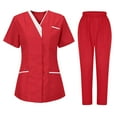 thumbnail image 1 of Medical Scrubs Sets for Women 2 Piece Outfits Short Sleeve V Neck Nursing Top Medical Scrubs Straight Leg Scrubs Joggers Pants Women's Scrub Set, Red 3XL, 1 of 2