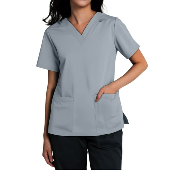 ​Medical Scrubs For Women, ​Breathable Nurse Uniforms Summer Shifts Stretchy Medical Scrub Tops With Pockets ​Plus Size Printed Blouse ​10-Color V-Neck Top Women 2025 Grey