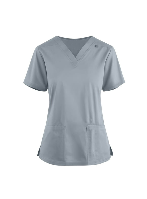 ​Medical Scrubs For Women, ​Breathable Nurse Uniforms Summer Shifts Stretchy Medical Scrub Tops With Pockets ​Plus Size Printed Blouse ​10-Color V-Neck Top Women 2025 Grey