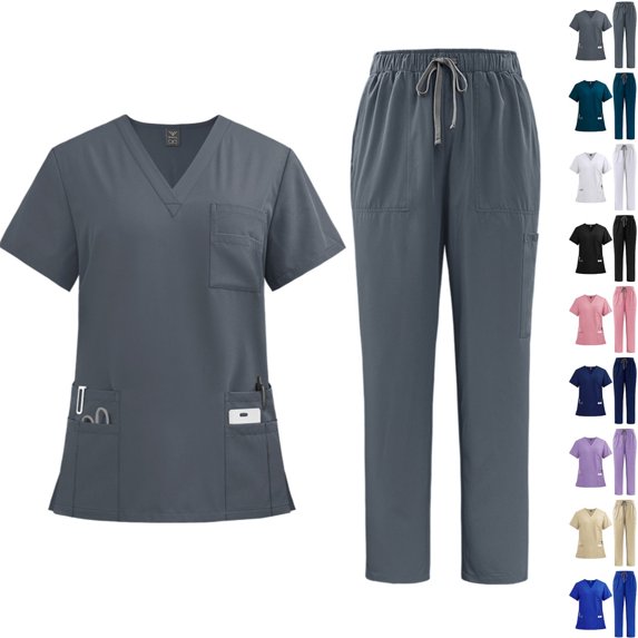 Medical Scrubs for Women Set V-Neck Top with Pockets & Straight Leg Pants Quick Dry Moisture Wicking Uniform for Nurses Doctors Lab Technicians Lightweight Solid Color Dark Gray M