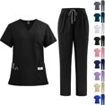 thumbnail image 1 of Medical Scrubs for Women Set V-Neck Top with Pockets & Straight Leg Pants Quick Dry Moisture Wicking Uniform for Nurses Doctors Lab Technicians Lightweight Solid Color Black L, 1 of 3