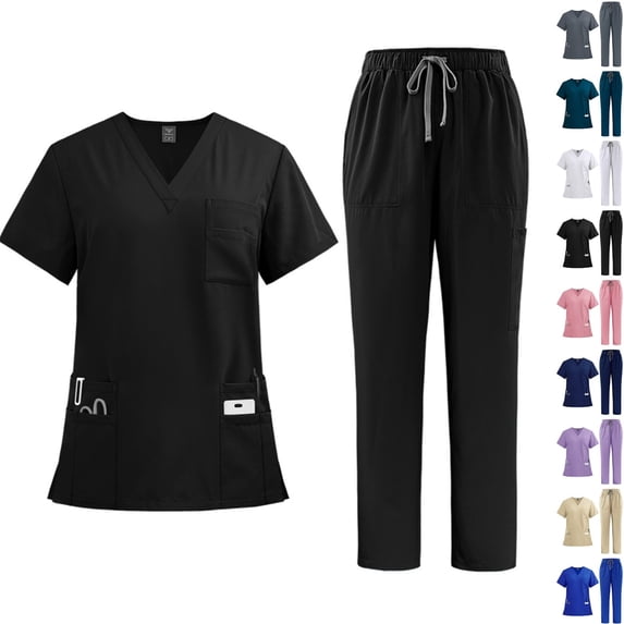 Medical Scrubs for Women Set V-Neck Top with Pockets & Straight Leg Pants Quick Dry Moisture Wicking Uniform for Nurses Doctors Lab Technicians Lightweight Solid Color Black L