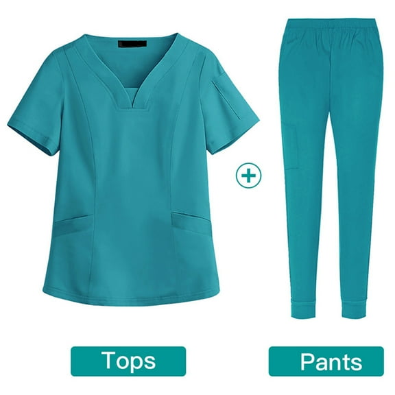 Medical Scrubs For Women Solid Color V-Neck Scrub Uniform Set - Lightweight Poly-Cotton Blend, Chest Pocket & Cargo Pants with Utility Loops Turquoise M
