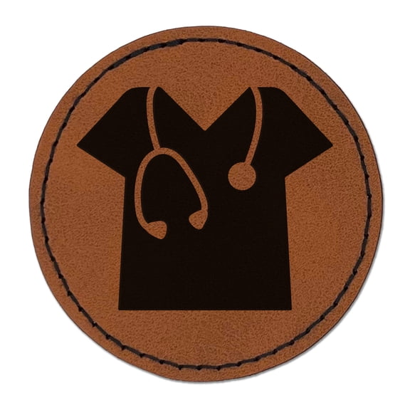 Medical Scrubs and Stethoscope Hospital Doctor Nurse 2.5" Faux Leather Round Engraved Iron-On Patch - Brown
