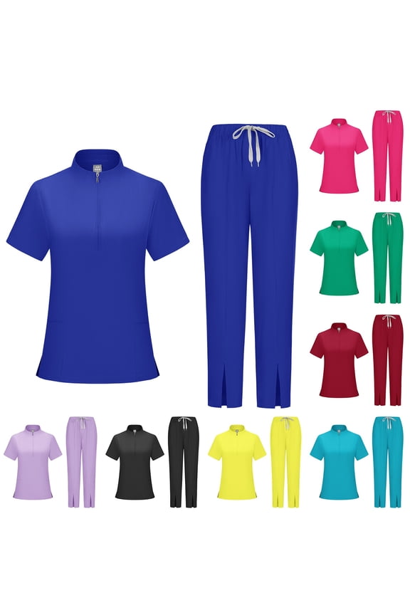 Medical Scrubs for Women Set - Half-Zip Mock Neck Short Sleeve Scrub Top & Straight Leg Pants with Side Slits Multi Pockets, #03 Dark Blue, M