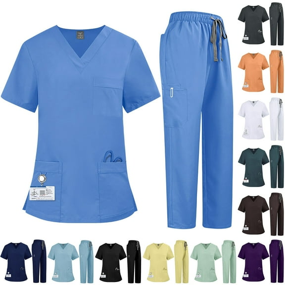 Medical Scrubs for Women Set - Medical Scrub Set Comfortable V-Neck Top and Elastic Waist Pants with Pockets