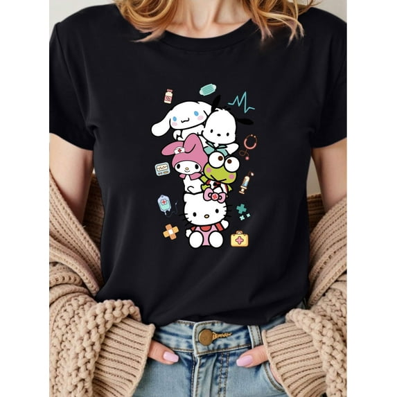 Medical Staff Graphic Women's Casual Crew Neck Short T-Shirt - Playful Cartoon Design, Machine Washable, Summer Essential for Healthcare Professionals